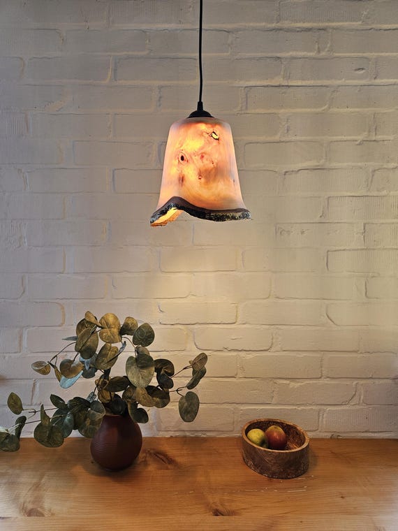 Holzlampe, Lampenschirm aus Holz, Holzleuchte, Birkenrund, Birke, Pendelleuchte Holz, gedrechselt,  E27 Fassung, 1m Kabel, Naturrand