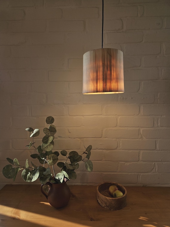 Holzlampe, Lampenschirm aus Holz, Holzleuchte, Birkenrund, Pappel, Pendelleuchte Holz, gedrechselt,  E27 Fassung, 1m Kabel