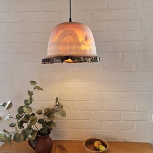 Könnte beinhalten: Eine Holz-Pendelleuchte mit natürlicher Kante. Die Leuchte besteht aus hellfarbigem Holz und hängt an einem schwarzen Kabel. Das Licht ist eingeschaltet und beleuchtet die Holzmaserung. Der Hintergrund ist eine weiße Backsteinmauer.