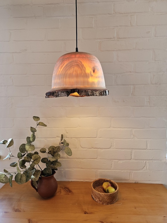Holzlampe, Lampenschirm aus Holz, Holzleuchte, Birkenrund, Birke, Pendelleuchte Holz, gedrechselt,  E27 Fassung, 1m Kabel, Naturrand