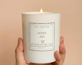 Honey Ash Soy Candle, Cashmere Jasmine Peonies Scent, White Classic Decor, Hand Poured Aesthetic, 9oz White Jar