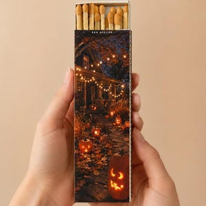 Halloween Porch Matchbox 4.3 Inch, Jack O Lantern Long Matches, Fall Gift
