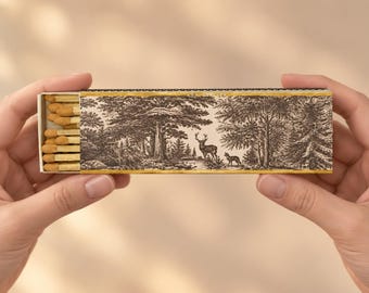 Vintage Deer Forest Long Matchbox - Rustic Woodland Wildlife Art - 4.3" Safety Matches