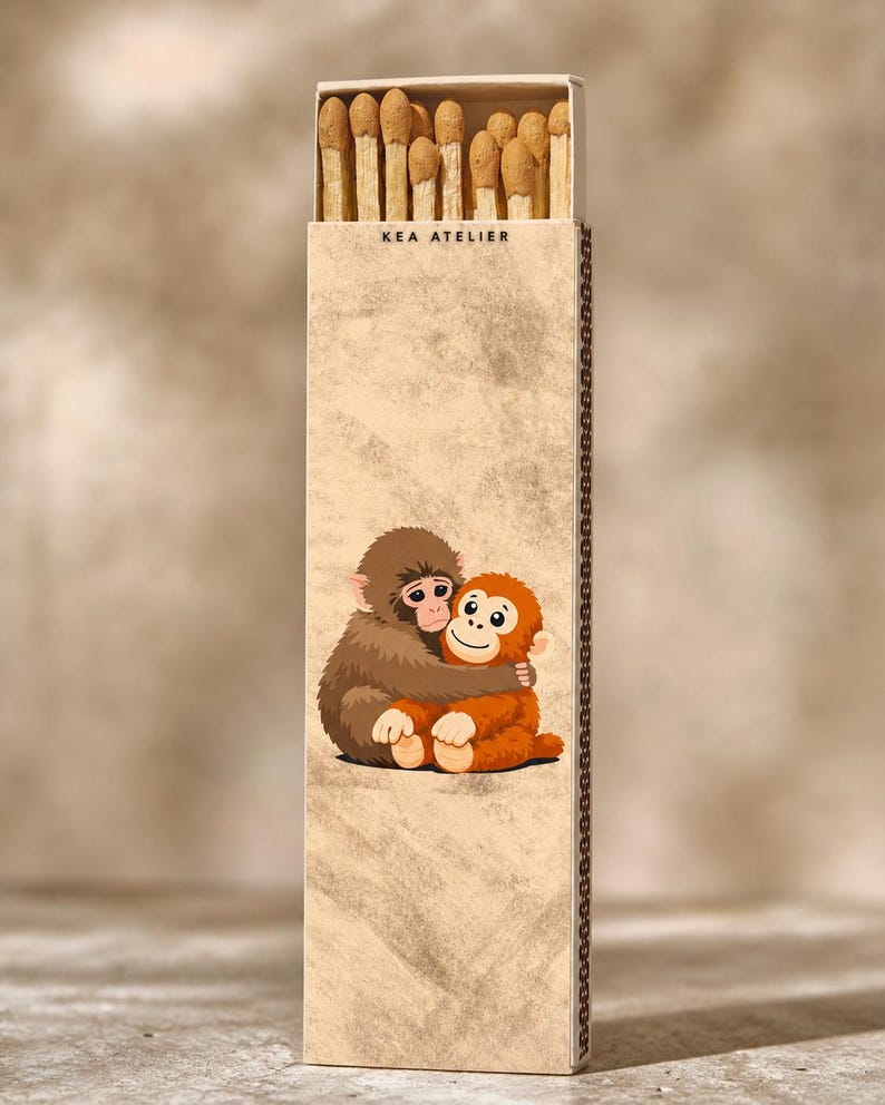 May include: A rectangular matchbox with a brown and tan design. The matchbox features a cartoon illustration of two monkeys hugging. The text "KEA ATELIER" is printed on the top of the matchbox. The top of the box is open, revealing the match heads.
