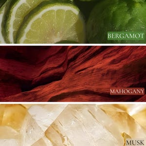 May include: Close-up of three images: sliced green bergamot fruit with the text "BERGAMOT", textured red mahogany wood with the text "MAHOGANY", and a cluster of translucent crystals with the text "MUSK".