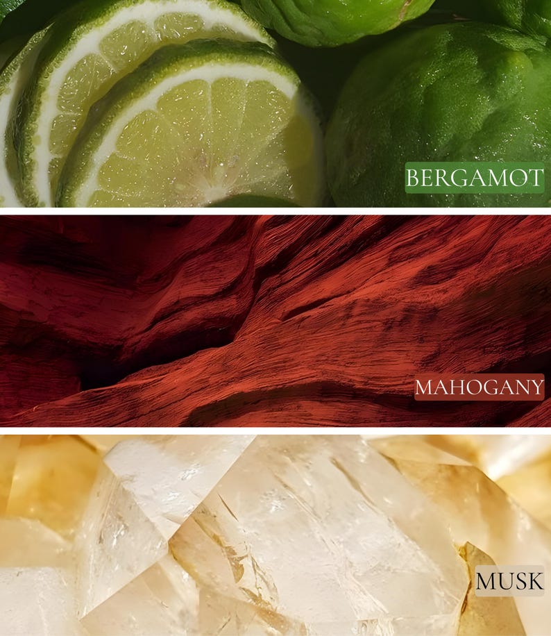 May include: Close-up of three images: sliced green bergamot fruit with the text "BERGAMOT", textured red mahogany wood with the text "MAHOGANY", and a cluster of translucent crystals with the text "MUSK".