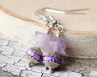 Pretty Pastel Purple Gemstone Earrings, Ultra Violet Striped Stone, Unique February Birthstone Jewelry, Cute Lavender Amethyst Birthday Gift