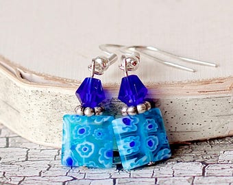 Aqua Blue Earrings, Cobalt Blue Crystal, Glass Earrings, Floral Earrings, Glass Flowers, Mother's Day Gift, Gifts for Mom, Gifts for Women