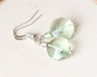 Light Green Earrings, Czech Rainbow Glass Earrings, Geometric Octagon Earrings, Sea Foam Green, Bridesmaid Earrings, Unique Gifts for Women