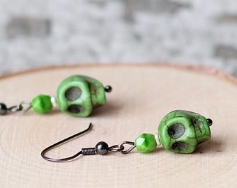 Apple Green Grinning Sugar Skull Earrings, Gothic Halloween Howlite Stone Jewelry, Czech Glass Crystals, Dia De Los Muertos, Day of the Dead