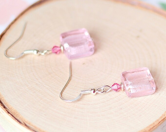 Pastel Pink Earrings, Silver Foil Lampwork Glass Earrings, Swarovski