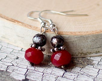 Ruby Red Earrings, Maroon Jade Gemstone Earrings, Grey Freshwater Pearl Earrings, Gifts for Mom, Victorian Jewelry, Feminine Gifts for Her