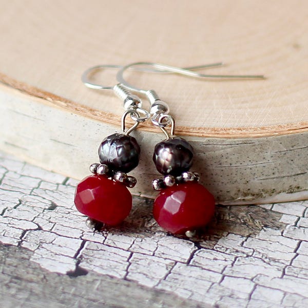 Ruby Red Earrings, Maroon Jade Gemstone Earrings, Grey Freshwater Pearl Earrings, Gifts for Mom, Victorian Jewelry, Feminine Gifts for Her