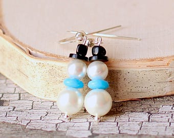 Pearl White Glass Snowman Earrings with Blue Scarves, Cute Snowmen, Festive Christmas Gifts for Women, Fun Winter Holiday Jewelry for Her