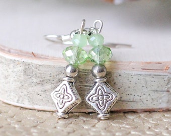 Milky Pastel Green Crystal Earrings, Pretty Light Spring Green Glass, Classy Silver Cross Accent Jewelry, Cute Feminine Vintage Style Gifts