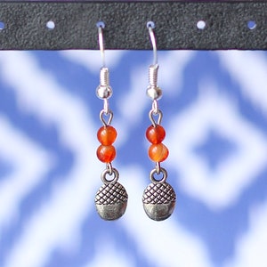 Dainty Silver Acorn Charm Earrings, Orange Carnelian Gemstone, Autumn Fall Fashion, Woodland Forest Inspired, Gifts for Women Nature Lovers image 3