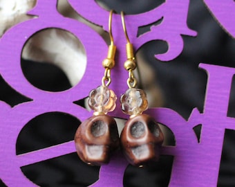 Chocolate Brown Smiling Sugar Skull Earrings, Day of the Dead, Pretty Smokey Glass Flower, Dia de los Muertos Jewelry, Halloween Witch