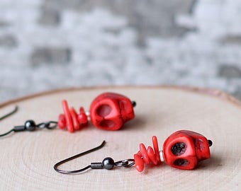 Candy Red Earrings, Sugar Skull Earrings, Day of the Dead, Red Coral Stone Earrings, Gothic Gifts, Dia de los Muertos, Gunmetal Grey Jewelry