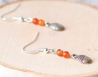 Dainty Silver Acorn Charm Earrings, Orange Carnelian Gemstone, Autumn Fall Fashion, Woodland Forest Inspired, Gifts for Women Nature Lovers