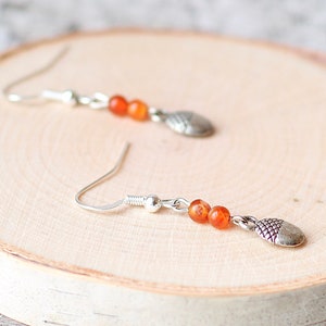 Dainty Silver Acorn Charm Earrings, Orange Carnelian Gemstone, Autumn Fall Fashion, Woodland Forest Inspired, Gifts for Women Nature Lovers image 1