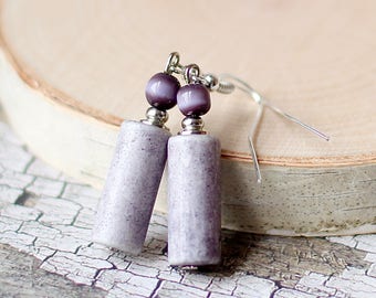 Ultra Violet Vintage Purple Ceramic Earrings, Pretty Lavender Cat's Eye Glass, Eco-friendly Gifts for Women, Eclectic Fall Accessories