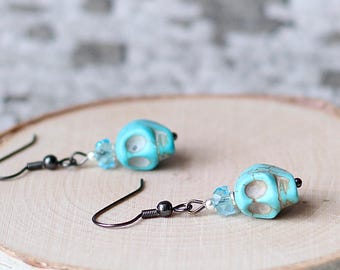 Turquoise Blue Smiling Stone Skull Earrings, Day of the Dead Dia de los Muertos, Gunmetal Halloween Costume Accessories, Sugar Skull Gifts