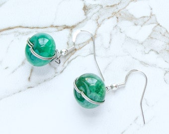 Chunky Crackled Green Fire Agate Stone Earrings, Simple Silver Wire Wrapped Round Gemstone Statement, Bold One of a Kind Gifts for Women