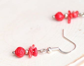 Cute Cherry Red Vintage Glass Rose Earrings, Pretty Bamboo Coral Jewelry, Feminine Floral Gifts for Women, Small Dainty Flower Accessories