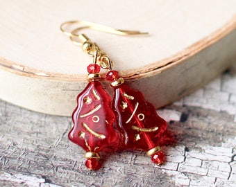 Christmas Tree Earrings, Red Glass Jewelry, Red Christmas Trees, Glass Crystal Earrings, Holiday Gift, Coworker Gift, Red and Gold Glass