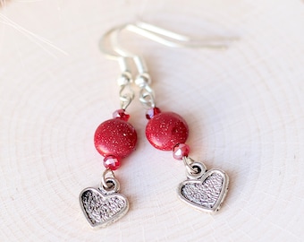 Red Heart Earrings, Ruby Crystal Earrings, Red Stone Earrings, Gifts for Women, Mother's Day, Valentine's Day Gift, Silver Charm Earrings