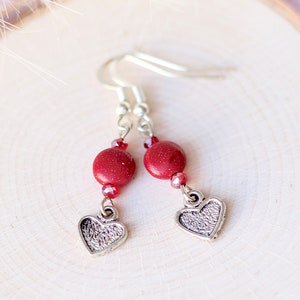 Silver Heart Charm Earrings: Red Glass Crystal and Stone Accents