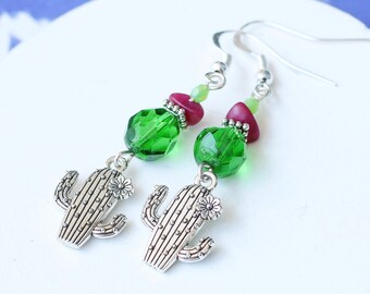Silver Cactus Charm Earrings, Spring Green Glass Crystal Cacti Earrings, Pink Nature Inspired Earrings, Gifts for Women Succulent Lovers