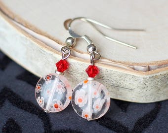 Cute Cherry Red Glass Millefiori Coin Earrings, Red Swarovski Crystal Accessories, Pretty Flower Jewelry for Mom, Feminine Gifts for Women