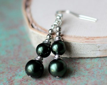 Forest Green Earrings, Dark Green Glass Pearl Dangle Earrings, Silver Vintage Beaded Earrings, Mother's Day Gifts, Gifts for Mom Her Women