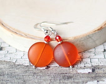 Simple Orange Sea Glass Earrings, Fiery Swarovski Crystal Jewelry for Women, Matte Glass Coin Earrings, Bold Beachy Gifts for Girlfriend