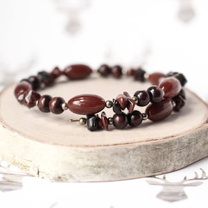 Jasper Stone Wrap Bracelet: Chocolate Brown Wood & Gold