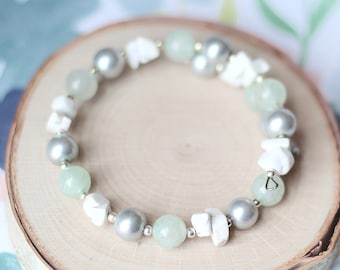 Pretty Seafoam Green Vintage Aventurine Gemstone Wrap Bracelet, Chic White Marbled Stone Chip Cuff, Feminine Grey Glass Pearl Accessory