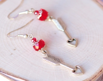 Cute Silver Heart Arrow Charm Earrings, Cherry Red Czech Glass Crystals, Valentine's Day Cupid Love Arrows, Gifts for Women Anniversary