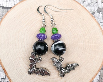 Silver Vampire Bat Charm Earrings, Green Czech Glass Spooky Retro Jewelry, Purple Stone Halloween Accessories, Black Vintage Swirled Baubles