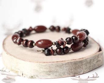 Chocolate Brown Bracelet, Black Brown Jasper Stone Wrap Bracelet, Mother's Day Gifts, Stacking Brown Wood Bracelet, Woodland Neutral Jewelry