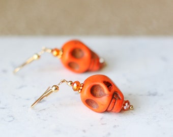 Orange Howlite Sugar Skull Earrings, Vibrant Tangerine Glass Crystals, Feminine Goth Stone Skulls, Glam Halloween Costume Statement Earrings