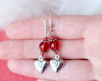 Red Glass Earrings, Silver Heart Earrings, Silver Spiral, Ruby Crystal Earrings, Love Charm Earrings, Anniversary Gift, Valentine's Day Gift