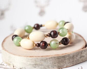 Olive Green Bracelet, Chocolate Brown Wood Wrap Bracelet Gold, Tan Vintage Lucite Beaded Bracelet, Gifts for Mom Her, Chunky Jewelry