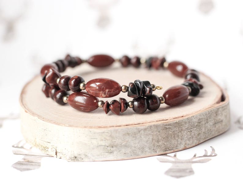 Chocolate Brown Bracelet, Black Brown Jasper Stone Wrap Bracelet, Mother's Day Gifts, Stacking Brown Wood Bracelet, Woodland Neutral Jewelry image 8