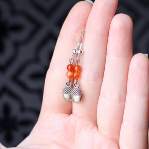 Dainty Silver Acorn Charm Earrings, Orange Carnelian Gemstone, Autumn Fall Fashion, Woodland Forest Inspired, Gifts for Women Nature Lovers image 5