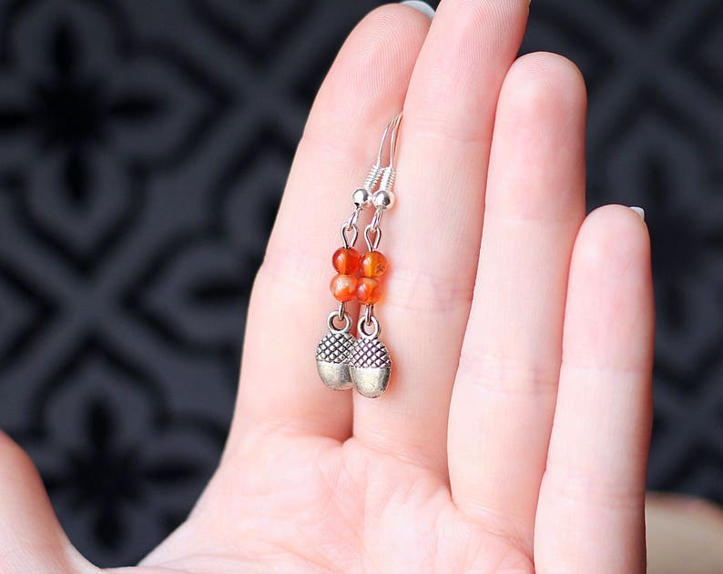 Dainty Silver Acorn Charm Earrings, Orange Carnelian Gemstone, Autumn Fall Fashion, Woodland Forest Inspired, Gifts for Women Nature Lovers image 5