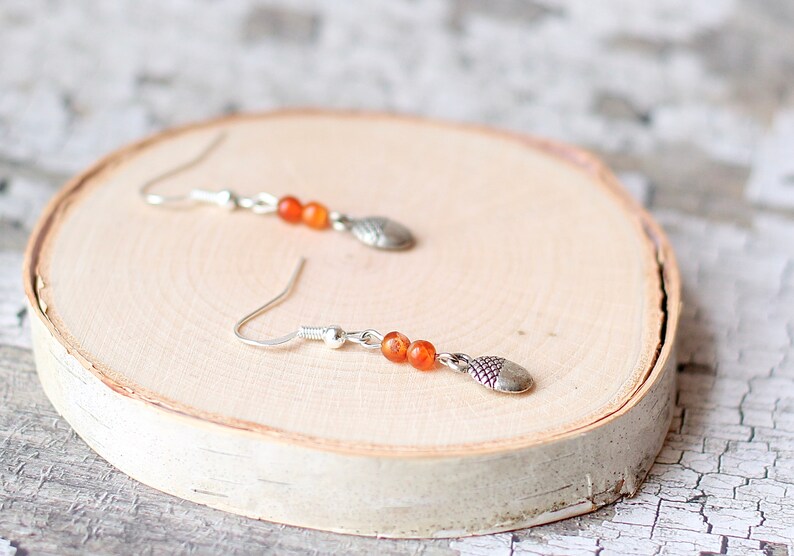 Dainty Silver Acorn Charm Earrings, Orange Carnelian Gemstone, Autumn Fall Fashion, Woodland Forest Inspired, Gifts for Women Nature Lovers image 1