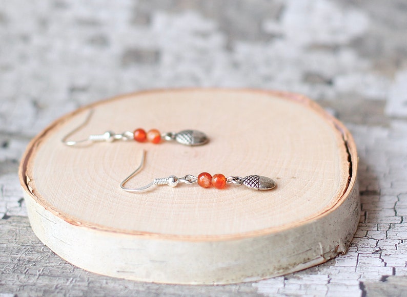 Dainty Silver Acorn Charm Earrings, Orange Carnelian Gemstone, Autumn Fall Fashion, Woodland Forest Inspired, Gifts for Women Nature Lovers image 4