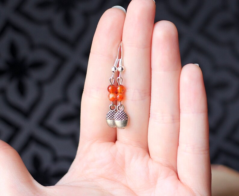 Dainty Silver Acorn Charm Earrings, Orange Carnelian Gemstone, Autumn Fall Fashion, Woodland Forest Inspired, Gifts for Women Nature Lovers image 2