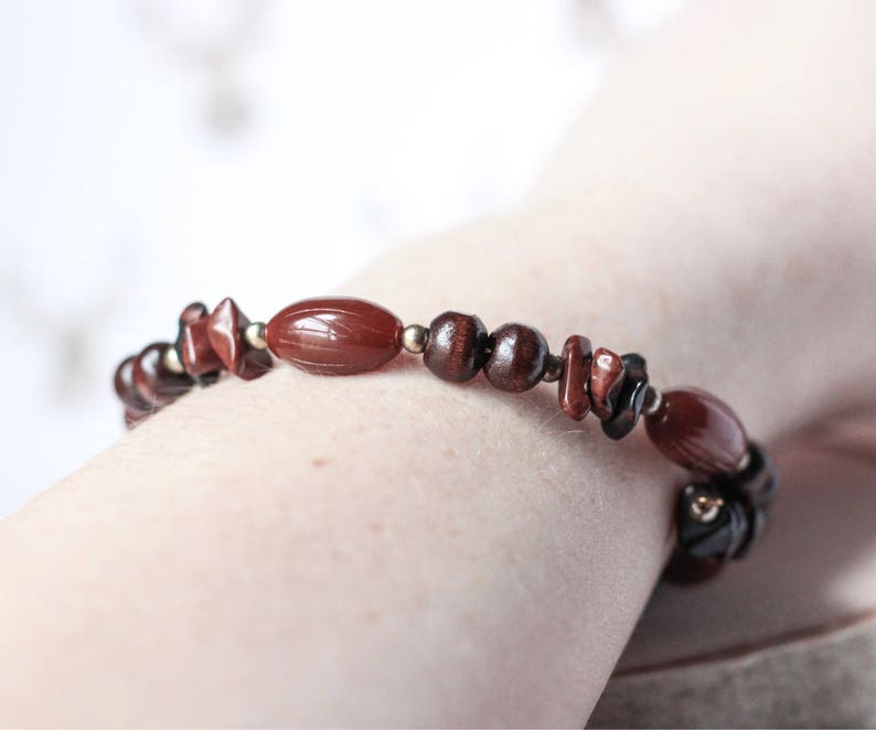 Chocolate Brown Bracelet, Black Brown Jasper Stone Wrap Bracelet, Mother's Day Gifts, Stacking Brown Wood Bracelet, Woodland Neutral Jewelry afbeelding 3